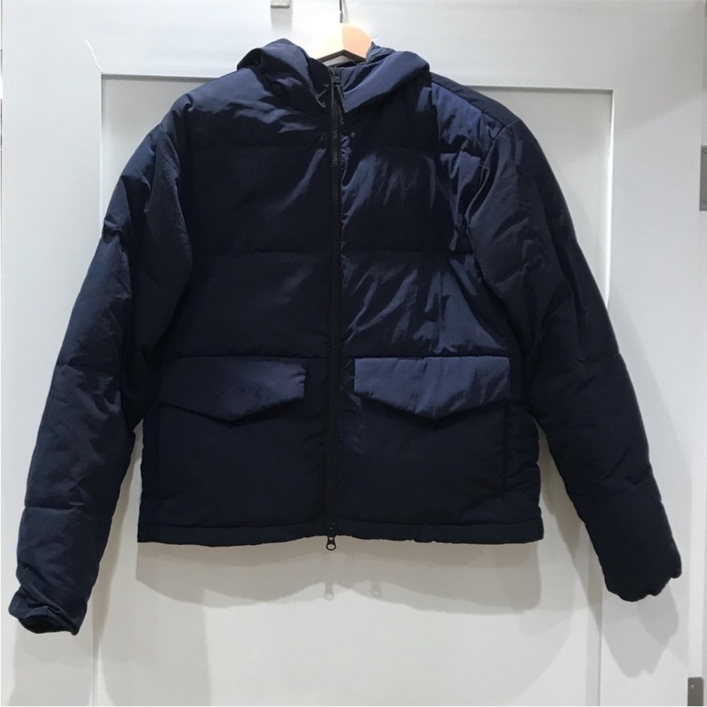Everlane ReNew Women's Navy Hooded Short Puffer Coat Jacket Size Small - Picture 3 of 11